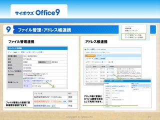 ステータス管理

共有タスク管理として使えるステータス管理機能を搭載しました。




メンバーのタスク状
況をグラフで表示し
ます。



              タスクを他のメンバーに回すこともできます。




                   Copyright  ©  Cybozu,Inc.   34
 