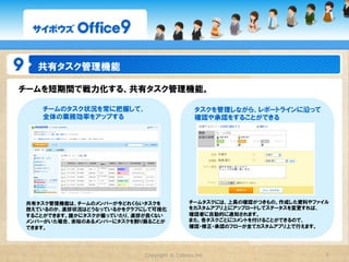 共有タスク管理機能

チームを短期間で戦力化する、共有タスク管理機能。

   チームのタスク状況を常に把握して、                          タスクを管理しながら、レポートラインに沿って
   全体の業務効率をアップする                              確認や承認をすることができる




共有タスク管理機能は、チームのメンバーが今どれくらいタスクを              チームタスクには、上長の確認がつきもの。作成した資料やファイル
抱えているのか、進捗状況はどうなっているかをグラフにして可視化             をカスタムアプリ上にアップロードしてステータスを変更すれば、
することができます。誰かにタスクが偏っていたり、進捗が良くない             確認者に自動的に通知されます。
メンバーがいた場合、余裕のあるメンバーにタスクを割り振ることが             また、各タスクごとにコメントを付けることができるので、
できます。                                       確認・修正・承認のフローが全てカスタムアプリ上で行えます。




                          Copyright  ©  Cybozu,Inc.                       7
 