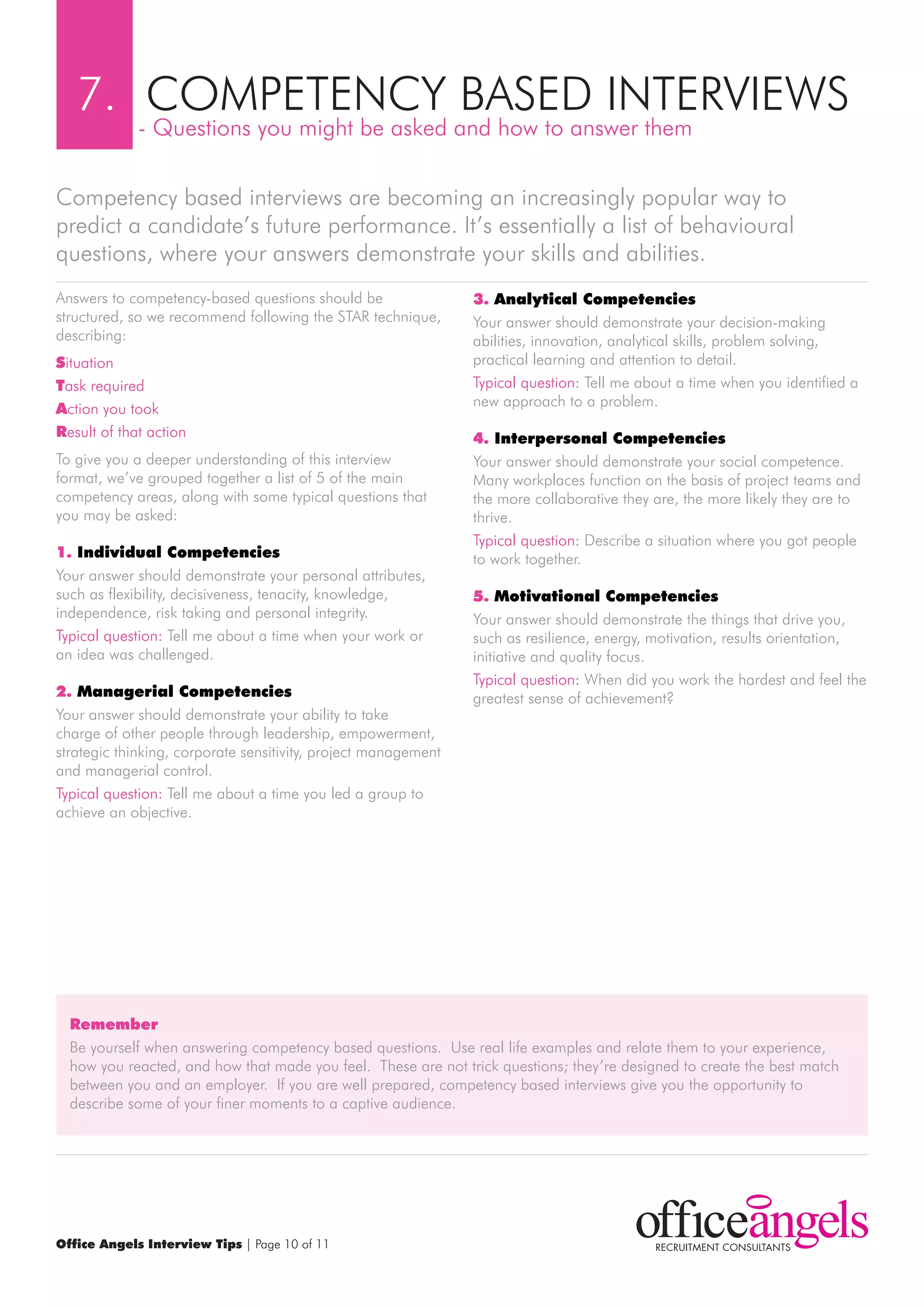 7. COmPETENCY BASED INTErVIEwS
             - Questions you might be asked and how to answer them

Competency based interviews are becoming an increasingly popular way to
predict a candidate’s future performance. It’s essentially a list of behavioural
questions, where your answers demonstrate your skills and abilities.
Answers to competency-based questions should be                 3. Analytical competencies
structured, so we recommend following the STAr technique,       Your answer should demonstrate your decision-making
describing:                                                     abilities, innovation, analytical skills, problem solving,
situation                                                       practical learning and attention to detail.
Task required                                                   Typical question: Tell me about a time when you identified a
Action you took                                                 new approach to a problem.
result of that action                                           4. Interpersonal competencies
To give you a deeper understanding of this interview            Your answer should demonstrate your social competence.
format, we’ve grouped together a list of 5 of the main          many workplaces function on the basis of project teams and
competency areas, along with some typical questions that        the more collaborative they are, the more likely they are to
you may be asked:                                               thrive.
                                                                Typical question: Describe a situation where you got people
1. Individual competencies                                      to work together.
Your answer should demonstrate your personal attributes,
such as flexibility, decisiveness, tenacity, knowledge,         5. motivational competencies
independence, risk taking and personal integrity.               Your answer should demonstrate the things that drive you,
Typical question: Tell me about a time when your work or        such as resilience, energy, motivation, results orientation,
an idea was challenged.                                         initiative and quality focus.
                                                                Typical question: when did you work the hardest and feel the
2. managerial competencies                                      greatest sense of achievement?
Your answer should demonstrate your ability to take
charge of other people through leadership, empowerment,
strategic thinking, corporate sensitivity, project management
and managerial control.
Typical question: Tell me about a time you led a group to
achieve an objective.




  remember
  Be yourself when answering competency based questions. Use real life examples and relate them to your experience,
  how you reacted, and how that made you feel. These are not trick questions; they’re designed to create the best match
  between you and an employer. If you are well prepared, competency based interviews give you the opportunity to
  describe some of your finer moments to a captive audience.




Office Angels Interview Tips | Page 10 of 11
 
