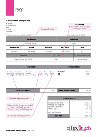 pAY
1. Understand your pay slip
Jo Bloggs
XX Street Name                                                                                               TAX CODE
town                                                                                               If you are on a Br code please
County                                                Your payroll number                                contact your branch
postcode

71 Elstree Way, Borehamwood, Herts, Wd6 1HY                                                   registered number: 01985032


                                  COMPANY                                                          DIVISION

                               OFFICE ANGELS                                                           09W

     Worker No.                      NAME                    PERIOD                     PAY DATE                   IND

       09385642                    Joe Bloggs                41/2009                  15/01/2010                   W1

                     department                                           tAX COdE                        N.I. NO./tABLE LEttEr

              Croydon (0208 681 3039)                                          647L                           SE123456A/A



                                  PAYMENT                                                      DEDUCTIONS

 Wk Ending      timesheet      description          units   rates     Amount      Deduction                                 Amount
 08/01/2010     02164007910    Standard             29.00   8.00      232.00      Tax                                       30.80
 08/01/2010     02164221110    payment of holiday   1.00    47.12     47.12       NI                                        18.60




                TOTAL PAYMENTS                                         279.12 TOTAL DEDUCTIONS                               49.40



     timesheet week ending date                                                           CUMULATIVES

                                                                    GrOSS pAY tO dAtE                                    9788.71
  units = number of hours you worked                                tAXABLE pAY tO dAtE                                  9788.71
       rate = your hourly pay rate                                  pENSION tO dAtE                                         0.00
   Amount = hours worked x pay rate                                 tAX tO dAtE                                           928.60

                                                                    EE’S N.I. tO dAtE                                       639.75
  Your average holiday pay amount                                              NET PAY                                      229.72




Office Angels Temping Guide | page 5 of 10
 
