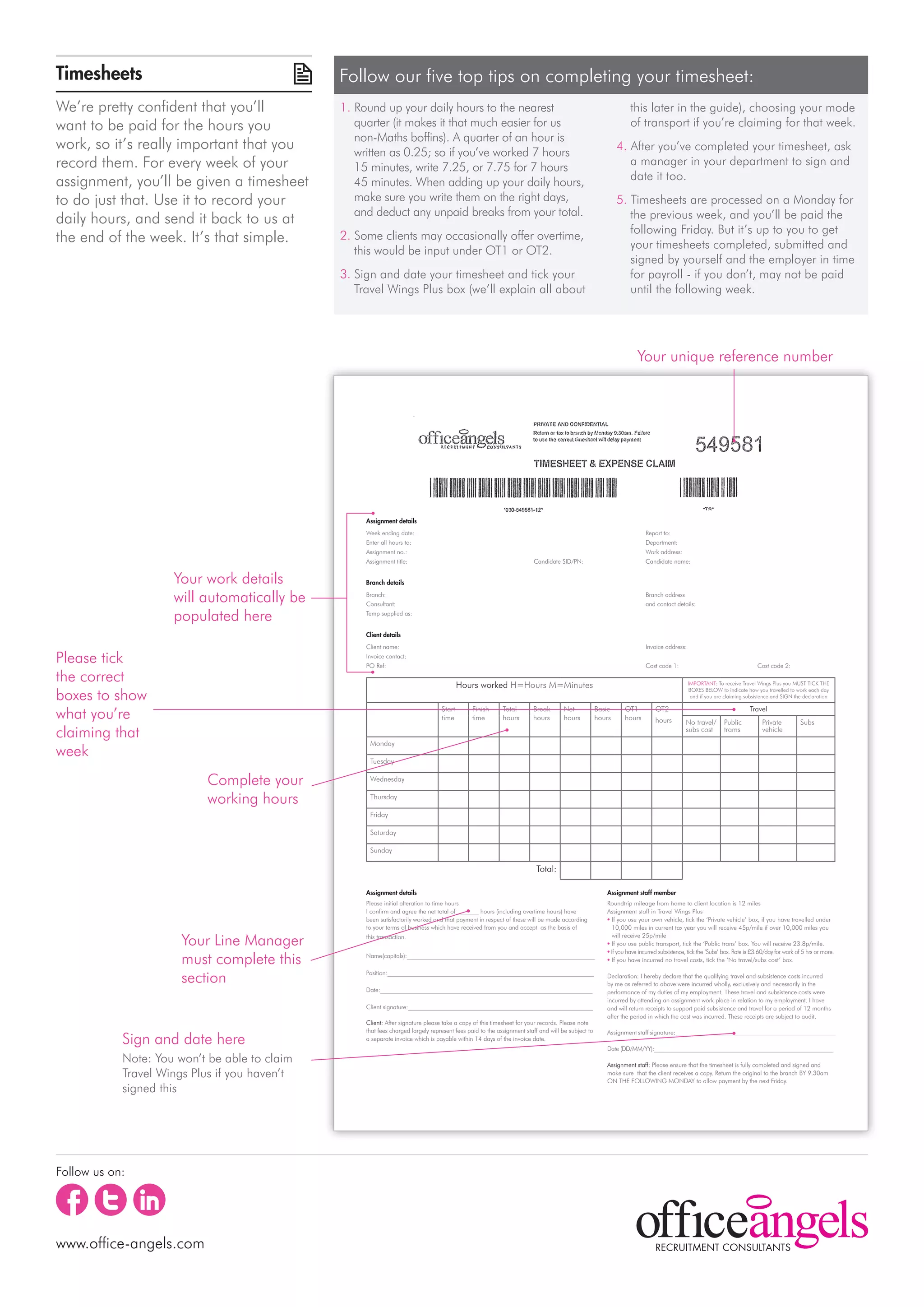 Timesheets                                     Follow our five top tips on completing your timesheet:
We’re pretty confident that you’ll             1. Round up your daily hours to the nearest                                                                      this later in the guide), choosing your mode
want to be paid for the hours you                 quarter (it makes it that much easier for us                                                                  of transport if you’re claiming for that week.
                                                  non-Maths boffins). A quarter of an hour is
work, so it’s really important that you           written as 0.25; so if you’ve worked 7 hours                                                             4. After you’ve completed your timesheet, ask
record them. For every week of your               15 minutes, write 7.25, or 7.75 for 7 hours                                                                 a manager in your department to sign and
assignment, you’ll be given a timesheet           45 minutes. When adding up your daily hours,                                                                date it too.
to do just that. Use it to record your            make sure you write them on the right days,                                                              5. Timesheets are processed on a Monday for
                                                  and deduct any unpaid breaks from your total.                                                               the previous week, and you’ll be paid the
daily hours, and send it back to us at
                                                                                                                                                              following Friday. But it’s up to you to get
the end of the week. It’s that simple.         2. Some clients may occasionally offer overtime,
                                                                                                                                                           	 your timesheets completed, submitted and
                                                  this would be input under OT1 or OT2.
                                                                                                                                                              signed by yourself and the employer in time
                                               3. Sign and date your timesheet and tick your                                                                  for payroll - if you don’t, may not be paid
                                                  Travel Wings Plus box (we’ll explain all about                                                              until the following week.




                                                                                                                                                                   Your unique reference number




                                                    Assignment details
                                                    Week ending date:					                    Report to:				
                                                    Enter all hours to:					Department:				
                                                    Assignment no.:					Work address:
                                                    Assignment title:			  Candidate SID/PN:		 Candidate name:


                     Your work details              Branch details

                     will automatically be          Branch:					Branch address
                                                    Consultant:					and contact details:

                     populated here                 Temp supplied as:


                                                    Client details
                                                    Client name:					Invoice address:

Please tick                                         Invoice contact:
                                                    PO Ref:					     Cost code 1:		                                                                                                                                     Cost code 2:

the correct                                                                               Hours worked H=Hours M=Minutes                                                                 IMPORTANT: To receive Travel Wings Plus you MUST TICK THE

boxes to show
                                                                                                                                                                                         BOXES BELOW to indicate how you travelled to work each day
                                                                                                                                                                                          and if you are claiming subsistence and SIGN the declaration


what you’re                                                                       Start
                                                                                  time
                                                                                              Finish
                                                                                              time
                                                                                                           Total
                                                                                                           hours
                                                                                                                       Break
                                                                                                                       hours
                                                                                                                                    Net
                                                                                                                                    hours
                                                                                                                                                   Basic
                                                                                                                                                   hours
                                                                                                                                                             OT1
                                                                                                                                                             hours
                                                                                                                                                                           OT2
                                                                                                                                                                           hours         No travel/      Public
                                                                                                                                                                                                                     Travel
                                                                                                                                                                                                                          Private          Subs
claiming that                                                                                                                                                                            subs cost       trams            vehicle
                                                     Monday
week
                                                     Tuesday

                           Complete your             Wednesday


                           working hours             Thursday

                                                     Friday

                                                     Saturday

                                                     Sunday

                                                                                                                        Total:

                                                    Assignment details                                                                                Assignment staff member
                                                    Please initial alteration to time hours                                                           Roundtrip mileage from home to client location is 12 miles
                                                    I confirm and agree the net total of _______ hours (including overtime hours) have                Assignment staff in Travel Wings Plus
                                                    been satisfactorily worked and that payment in respect of these will be made according            • If you use your own vehicle, tick the ‘Private vehicle’ box, if you have travelled under
                                                    to your terms of business which have received from you and accept as the basis of                    10,000 miles in current tax year you will receive 45p/mile if over 10,000 miles you

                       Your Line Manager            this transaction.                                                                                    will receive 25p/mile
                                                                                                                                                      • If you use public transport, tick the ‘Public trans’ box. You will receive 23.8p/mile.
                                                                                                                                                      • If you have incurred subsistence, tick the ‘Subs’ box. Rate is £3.60/day for work of 5 hrs or more.
                       must complete this           Name (capitals):_____________________________________________________________
                                                                                                                                                      • If you have incurred no travel costs, tick the ‘No travel/subs cost’ box.


                       section                      Position:___________________________________________________________________
                                                                                                                                                      Declaration: I hereby declare that the qualifying travel and subsistence costs incurred
                                                                                                                                                      by me as referred to above were incurred wholly, exclusively and necessarily in the
                                                    Date:_____________________________________________________________________                        performance of my duties of my employment. These travel and subsistence costs were
                                                                                                                                                      incurred by attending an assignment work place in relation to my employment. I have
                                                    Client signature:____________________________________________________________                     and will return receipts to support paid subsistence and travel for a period of 12 months
                                                                                                                                                      after the period in which the cost was incurred. These receipts are subject to audit.
                                                    Client: After signature please take a copy of this timesheet for your records. Please note
                                                    that fees charged largely represent fees paid to the assignment staff and will be subject to      Assignment staff signature:___________________________________________________
            Sign and date here                      a separate invoice which is payable within 14 days of the invoice date.
                                                                                                                                                      Date (DD/MM/YY):______________________________________________________________
            Note: You won’t be able to claim                                                                                                          Assignment staff: Please ensure that the timesheet is fully completed and signed and
            Travel Wings Plus if you haven’t                                                                                                          make sure that the client receives a copy. Return the original to the branch BY 9.30am
                                                                                                                                                      ON THE FOLLOWING MONDAY to allow payment by the next Friday.
            signed this




Follow us on:




www.office-angels.com
 