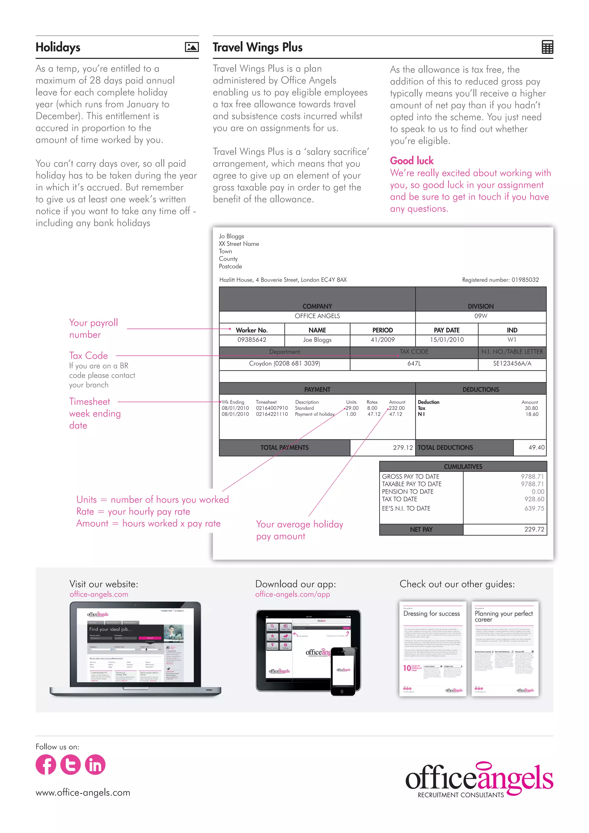 Holidays                                    Travel Wings Plus
As a temp, you’re entitled to a             Travel Wings Plus is a plan                                           As the allowance is tax free, the
maximum of 28 days paid annual              administered by Office Angels                                         addition of this to reduced gross pay
leave for each complete holiday             enabling us to pay eligible employees                                 typically means you’ll receive a higher
year (which runs from January to            a tax free allowance towards travel                                   amount of net pay than if you hadn’t
December). This entitlement is              and subsistence costs incurred whilst                                 opted into the scheme. You just need
accured in proportion to the                you are on assignments for us.                                        to speak to us to find out whether
amount of time worked by you.                                                                                     you’re eligible.
                                            Travel Wings Plus is a ‘salary sacrifice’
You can’t carry days over, so all paid      arrangement, which means that you                                     Good luck
holiday has to be taken during the year     agree to give up an element of your                                   We’re really excited about working with
in which it’s accrued. But remember         gross taxable pay in order to get the                                 you, so good luck in your assignment
to give us at least one week’s written      benefit of the allowance.                                             and be sure to get in touch if you have
notice if you want to take any time off -                                                                         any questions.
including any bank holidays
                                             Jo Bloggs
                                             XX Street Name
                                             Town
                                             County
                                             Postcode

                                             Hazlitt House, 4 Bouverie Street, London EC4Y 8AX			                                              Registered number: 01985032	



                                                                             COMPANY                                                             DIVISION
                                                                           OFFICE ANGELS                                                           09W
         Your payroll
                                                   Worker No.                   NAME                      PERIOD                   PAY DATE                   IND
         number                                    09385642                   Joe Bloggs                 41/2009                  15/01/2010                  W1
                                                                 Department                                          TAX CODE                        N.I. NO./TABLE LETTER
         Tax Code
         If you are on a BR                                Croydon (0208 681 3039)                                         647L                           SE123456A/A
         code please contact
         your branch
                                                                               PAYMENT                                                         DEDUCTIONS

         Timesheet                            Wk Ending      Timesheet     Description          Units   Rates     Amount      Deduction                             Amount
                                              08/01/2010     02164007910   Standard             29.00   8.00      232.00      Tax                                    30.80
         week ending                          08/01/2010     02164221110   Payment of holiday   1.00    47.12     47.12       NI                                     18.60

         date

                                                              TOTAL PAYMENTS                                       279.12 TOTAL DEDUCTIONS                            49.40


                                                                                                                                          CUMULATIVES
                                                                                                                GROSS PAY TO DATE                                   9788.71
                                                                                                                TAXABLE PAY TO DATE                                 9788.71
                                                                                                                PENSION TO DATE                                        0.00
            Units = number of hours you worked                                                                  TAX TO DATE                                          928.60
                                                                                                                EE’S N.I. TO DATE                                    639.75
            Rate = your hourly pay rate
            Amount = hours worked x pay rate                 Your average holiday                                                                                    229.72
                                                                                                                           NET PAY
                                                             pay amount



          Visit our website::                               Download our app:                                        Check out our other guides:
          office-angels.com                                 office-angels.com/app




Follow us on:




www.office-angels.com
 