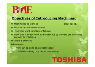 Objectives of Introducing Machines:
 Machineries do work at ``` great speed.
 Mechanization involves capital
 Machines wont complain of fatigue.
Work that is complained as monotonous by workers can be carried Work that is complained as monotonous by workers can be carried
out well by machines.
 There is accuracy.
Advantages:
1. Work can be done at a greater speed
2. It is labour saving thus labour cost saving.
 