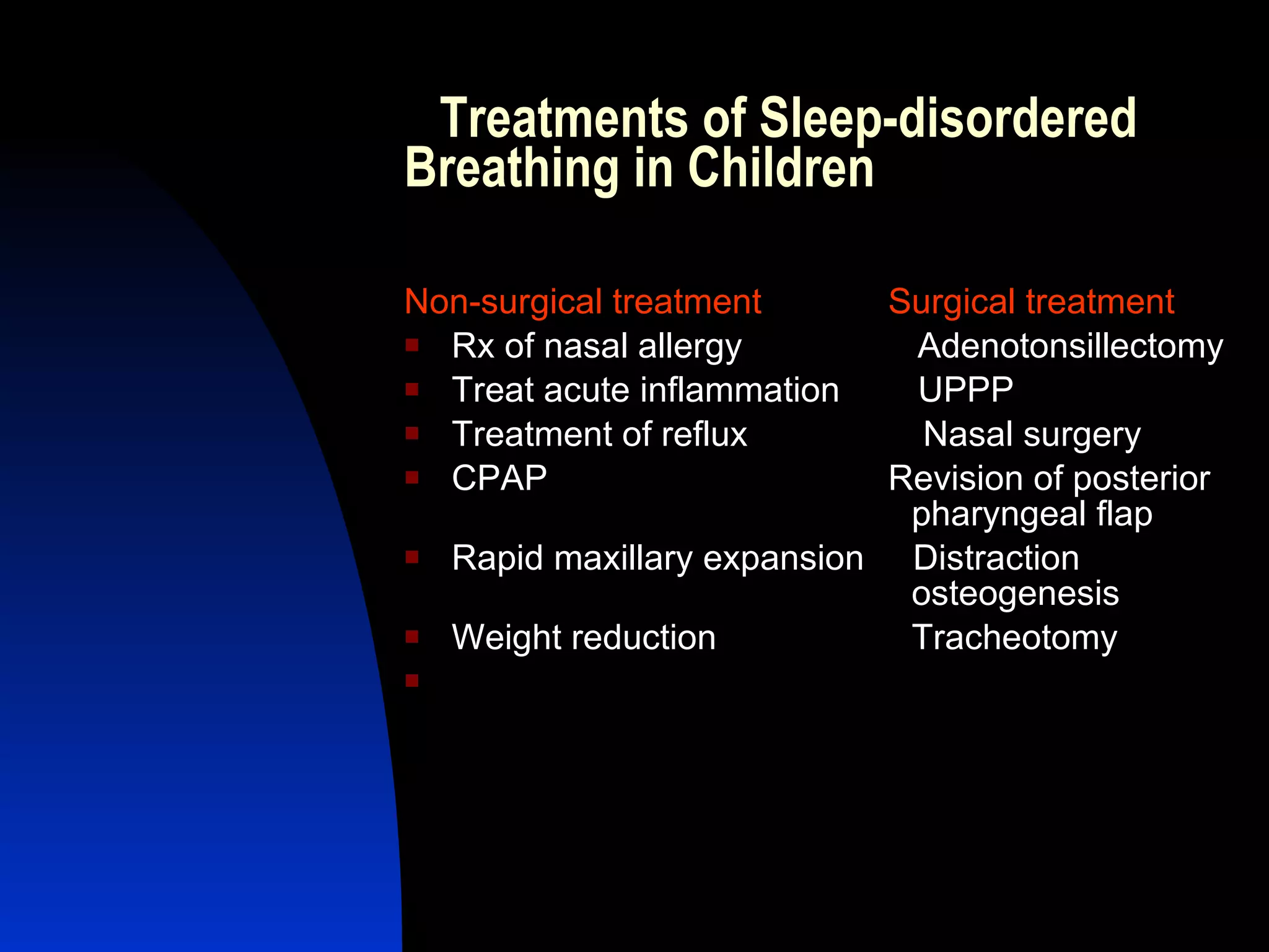 Treatments of Sleep-disordered Breathing in Children Non-surgical treatment   Surgical treatment Rx of nasal allergy  Adenotonsillectomy Treat acute inflammation  UPPP Treatment of reflux  Nasal surgery CPAP  Revision of posterior  pharyngeal flap Rapid maxillary expansion  Distraction  osteogenesis Weight reduction  Tracheotomy 