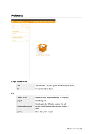 OfficeBox User Guide | 103
Preference
Login Information
URL The OfficeBox URL (ex.: global.officehard.biz) is shown.
ID Your entered ID is shown.
Etc
Delete Cache Delete cache to make more space to save data.
Logout Click to log out.
OfficeBox Homepage
Click to go to the OfficeBox website that will
explain how OfficeBox works and the benefits it
offers.
Version Show the current version.
 