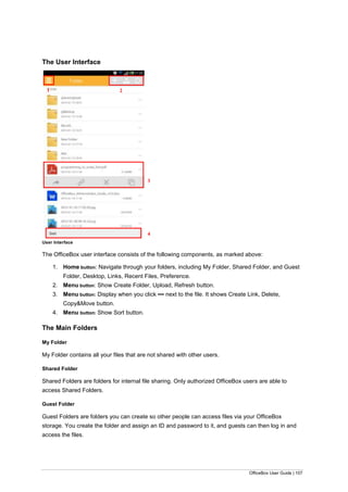 OfficeBox User Guide | 107
The User Interface
User Interface
The OfficeBox user interface consists of the following components, as marked above:
1. Home button: Navigate through your folders, including My Folder, Shared Folder, and Guest
Folder, Desktop, Links, Recent Files, Preference.
2. Menu button: Show Create Folder, Upload, Refresh button.
3. Menu button: Display when you click ▪▪▪ next to the file. It shows Create Link, Delete,
Copy&Move button.
4. Menu button: Show Sort button.
The Main Folders
My Folder
My Folder contains all your files that are not shared with other users.
Shared Folder
Shared Folders are folders for internal file sharing. Only authorized OfficeBox users are able to
access Shared Folders.
Guest Folder
Guest Folders are folders you can create so other people can access files via your OfficeBox
storage. You create the folder and assign an ID and password to it, and guests can then log in and
access the files.
1
2
2
3
3
4
 
