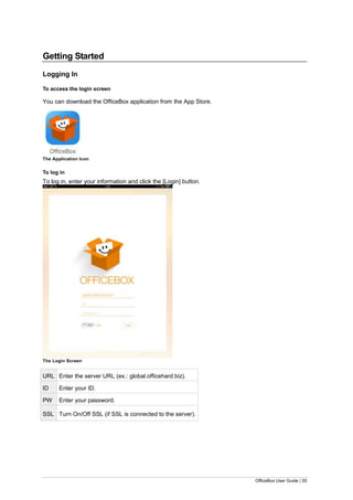 OfficeBox User Guide | 55
Getting Started
Logging In
To access the login screen
You can download the OfficeBox application from the App Store.
The Application Icon
To log in
To log in, enter your information and click the [Login] button.
The Login Screen
URL Enter the server URL (ex.: global.officehard.biz).
ID Enter your ID.
PW Enter your password.
SSL Turn On/Off SSL (if SSL is connected to the server).
 