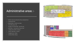 Administrative areas :-
• Flexibility in spaces was achieved by making it open/partitioned
• 1-4 tenancies per floor
• Provideing lights, air conditions and cables
• Total of office spaces =240
• 192 offices ->32 users per floor -> 384 users total
• 48 VIP offices -> 4 users per floor ->48 users total
• 4 meeting rooms per floor ->48 total ->
• 12 users ->48 per floor -> 576 total
• 4 reception areas -> 48 total
• 4 secretary offices ->48 total
 