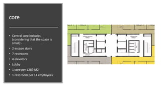 core
• Central core includes
(considering that the space is
small):-
• 2 escape stairs
• 7 restrooms
• 4 elevators
• Lobby
• 1 core per 1289 M2
• 1 rest room per 14 employees
 