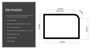 Site Analysis
• Location: Bahri-West to the Mek Nemer Bridge
• Total Area: 21981sqm
• Neighborhood Area: 4500~5000 Neghborhood residents
• Land Use: Investment Purposes
• Maximum Floors For Investment Buildings In Area: 25 Floors
• Price Of 1sqm of Land: ~$400
• Morphology: Flat Land
• Geology: Clay Soil
Dimensions:
 
