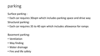 parking
Surface parking :
• Each car requires 30sqm which includes parking space and drive way
Structural parking:
• Each car requires 35 to 40 sqm which includes allowance for ramps
Basement parking:
• Ventilation
• Way finding
• Water drainage
• Fire and life safety
 