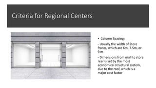Criteria for Regional Centers
• Column Spacing:
- Usually the width of Store
fronts, which are 6m, 7.5m, or
9 m
- Dimensions from mall to store
rear is set by the most
economical structural system,
due to the roof, which is a
major cost factor
 