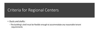 Criteria for Regional Centers
Vertic
al
Vertical
Vertical
Vertica
l
• Ducts and shafts:
- The building's shell must be flexible enough to accommodate any reasonable tenant
requirements
 