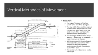Vertical Methodes of Movement
• Escalators:
• The angle of escalator off the floor
usually varies from 30 to 35 degrees
• The step width of the escalator depends
on the number of expected users, and
can vary from 60cm where it can fit a
single person all the way to a meter,
where its able to fit two people.
• The Opening in the floor on the above
level is 6.2 meters long, to allow for a 2.3
meter headroom for the user
• A 1.15 meter deep, 3.75 meter long pit
is needed on the ground level of the
escalator to fit all the machinery
underground and make the escalator
level with the floor
• Are not stairwell and cannot be used as
fire escapes
 