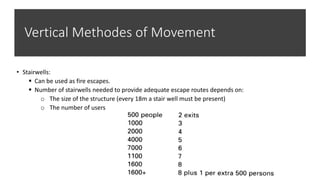 Vertical Methodes of Movement
• Stairwells:
 Can be used as fire escapes.
 Number of stairwells needed to provide adequate escape routes depends on:
o The size of the structure (every 18m a stair well must be present)
o The number of users
 