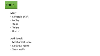 core
Main :
• Elevators shaft
• Lobby
• stairs
• Toilets
• Ducts
Additional :
• Mechanical room
• Electrical room
• Shear walls
 