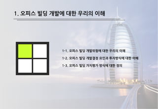 1. 오피스 빌딩 개발에 대한 우리의 이해
1-1. 오피스 빌딩 개발위험에 대한 우리의 이해
1-2. 오피스 빌딩 개발결정 요인과 투자방식에 대한 이해
1-3. 오피스 빌딩 가치평가 방식에 대한 정의
 