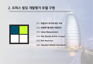 2. 오피스 빌딩 개발평가 모델 구현
2-1. 위험관리 방식에 대한 이해
2-2. 위험평가를 통한 위험관리
2-3. Value Measurement
2-4. Risk Transfer & Risk Control
2-5. Risk Retention
2-6. Valuation Model Framework
 