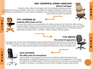 1971: SYNTHESIS 45
Suddenly office chairs are fun
Fun was not a word much associated with offices during the first half of the 20th century.
designer ettore sottsass came on board and ditched the traditional black, grey and beige
colour schemes, designing furniture in bright yellow, purple and red. synthesis 45 was an
adjustable secretary chair — a bright, cartoon-happy, friendly design.
1976: ERGON
The arrival of ergonomics
The Ergon was the first task chair designed specifically with the physical health and comfort of
the office worker in mind. It could be quickly and easily adjusted to the size and shape of the
sitter, and provided spinal support and unrestricted blood flow using a two-pad seat.
1849: CENTRIPETAL SPRING ARMCHAIR
Where it all began
The story of the office chair began with the centripetal spring armchair.
Designed by Thomas E Warren, New York, it is probably the earliest example of a task chair.
The design was adapted for use on railway carriages as the springing seat helped to absorb
shock from the train's movement.
1979: SUPPORTO
The office chair for everywhere
Over in Britain, the Supporto Chair from manufacturer Hille International was
described by its designer Frederik Scott as "an office chair designed to cut through
the hierarchy of office seating". What he meant by that was that it would be just as
suitable in an office, a conference room or any number of other environments.
1
9
7
1
1
9
7
6
1
9
7
9
1
8
4
9
 