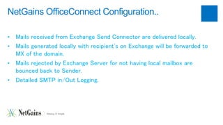 NetGains OfficeConnect Configuration.. 
• Mails received from Exchange Send Connector are delivered locally. 
• Mails generated locally with recipient's on Exchange will be forwarded to 
MX of the domain. 
• Mails rejected by Exchange Server for not having local mailbox are 
bounced back to Sender. 
• Detailed SMTP in/Out Logging. 
 