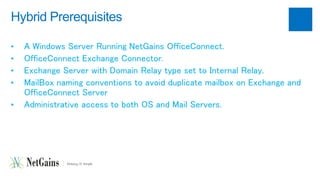Hybrid Prerequisites 
• A Windows Server Running NetGains OfficeConnect. 
• OfficeConnect Exchange Connector. 
• Exchange Server with Domain Relay type set to Internal Relay. 
• MailBox naming conventions to avoid duplicate mailbox on Exchange and 
OfficeConnect Server 
• Administrative access to both OS and Mail Servers. 
 
