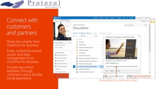 Share directly from
Office applications
Easily share documents with others
Share documents from
OneDrive for Business
Easily control document
access and data
management from
OneDrive for Business
Provide document
feedback through
comments and a familiar
social experience
 