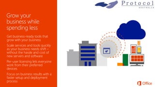 Get business-ready tools that
grow with your business
Scale services and tools quickly
as your business needs shift –
without the hassle and cost of
new servers and software
Per-user licensing lets everyone
work from their preferred
devices
Focus on business results with a
faster setup and deployment
process
 