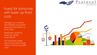 Manage your business
with flexible subscription
payments that lower up-
front costs
Reallocate capital by
reducing capital
expenditures
Get enterprise grade
productivity and storage
without enterprise grade
costs
 