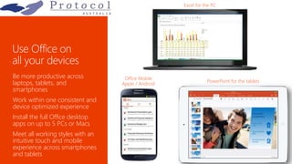 Be more productive across
laptops, tablets, and
smartphones
Work within one consistent and
device optimized experience
Install the full Office desktop
apps on up to 5 PCs or Macs
Meet all working styles with an
intuitive touch and mobile
experience across smartphones
and tablets
 