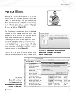 73
Aplicar filtros
Además de conocer perfectamente la forma de
ordenar datos, será necesario aprender a aplicar fil-
tros para poder trabajar con gran cantidad de
datos. Esta herramienta también la encontraremos
en la ficha de opciones Datos, dentro del grupo
Ordenar y filtrar (Figura 23).
Con sólo situarnos en alguna parte de nuestra planilla y
presionar el botón Filtro, aparecerán, junto a los
encabezados de las columnas, unas pequeñas flechas
desde donde podremos realizar las selecciones.
También es posible activar los filtros al presionar la com-
binación de teclas CTRL+MAYÚS+L. Si presionamos nue-
vamente el botón Filtro o su combinación de teclado,
lo que hacemos es quitar las flechas de filtros y mostrar
nuevamente todos los datos (Figura 24).
Desde la flecha de filtros, accedemos también a las
opciones de ordenamiento que hemos tratado ante-
FIGURA 22
Es posible continuar
con el ordenamiento
de los datos seleccionados
o ampliar la selección.
FIGURA 23. Si aplicamos filtros, podemos
seleccionar parte de la información
de una base de datos.
Aplicar filtros
M REDUSERS.COM
Office_Cap3_057_082 ajustado OK.qxp 12/9/09 11:07 PM Page 73
 