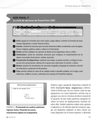 85
Podemos seguir agregando diapositivas mediante el
botón desplegable Nueva diapositiva y seleccio-
nando el diseño que más nos interese. Cada vez que
agreguemos una nueva diapositiva, veremos que se
agregará una vista en miniatura de ella en el panel de
la izquierda. De este modo, podremos navegarlas sin
utilizar las barras de desplazamiento, haciendo clic
sobre ellas. También podremos realizar otras opciones
si aplicamos un clic derecho sobre las miniaturas: agre-
gar una diapositiva, duplicarla -es decir, insertar una
nueva diapositiva con el mismo esquema- o eliminarla
FIGURA 2. Presionando los cuadros, podremos
ingresar textos. Pulsando los iconos,
insertaremos objetos en la diapositiva.
Inicio: agrupa los comandos para cortar, copiar y pegar objetos, controlar los formatos de texto,
manejar diapositivas e insertar diversas formas.
Insertar: contiene las funciones para incrustar elementos (tablas, encabezados y pies de página,
formas, imágenes, gráficos, audios y videos) en el documento.
Diseño: permite establecer las opciones de diseño de las diapositivas, temas y estilos.
Animaciones: nuclea los comandos necesarios para configurar el comportamiento de los
objetos incrustados (transiciones, sonidos, duración).
Presentación de diapositivas: mediante esta solapa, se puede controlar y configurar la pro-
yección de la presentación, además de la opción para seleccionar el monitor a utilizar.
Revisar: presenta las herramientas de corrección ortográfica, búsqueda de sinónimos, inserción
de comentarios y protección de documentos.
Vista: permite cambiar las vistas de los trabajos, leerlos a pantalla completa, ver la regla y otras
referencias, modificar el zoom y administrar las ventanas de PowerPoint abiertas.
GUÍA VISUAL /1
La cinta de opciones de PowerPoint 2007
1
2
4
5
6
7
3
1 2 3 4 5 6 7
Primeros pasos en PowerPoint
M REDUSERS.COM
Office_Cap4_083_102 ajustado OK.qxp 12/9/09 11:41 PM Page 85
 