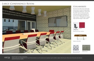 Advertising Agency Redesign
© Rebecca Jensen. 2013. All Rights Reserved. No part of this presentation or any of its contents may be reproduced, copied, modified or adapted, without the prior written consent of the author, unless otherwise
indicated for stand-alone materials
Large Conference Room
Collaborate
Since this room will be seen by clients of all
sorts, this space is meant to be approachable,
yet still represent AKQA’s fun, creative brand.
The CEO’s 7 Laws are written on the wall,
and acoustic tiles are placed behind the TV,
since this room might get quite loud with a
large occupancy. The light fixture’s triangular
shape represents change or “delta symbol.”
Haworth Swivel Chair - Red Fabric
Steelcase Convene Table
Offecct Acoustical Tile
(Polyester with wool)
Stained Concrete
 