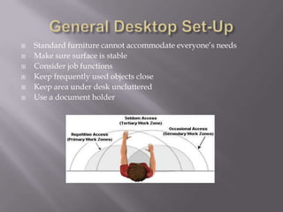 General Desktop Set-UpStandard furniture cannot accommodate everyone’s needs Make sure surface is stableConsider job functionsKeep frequently used objects close Keep area under desk unclutteredUse a document holder