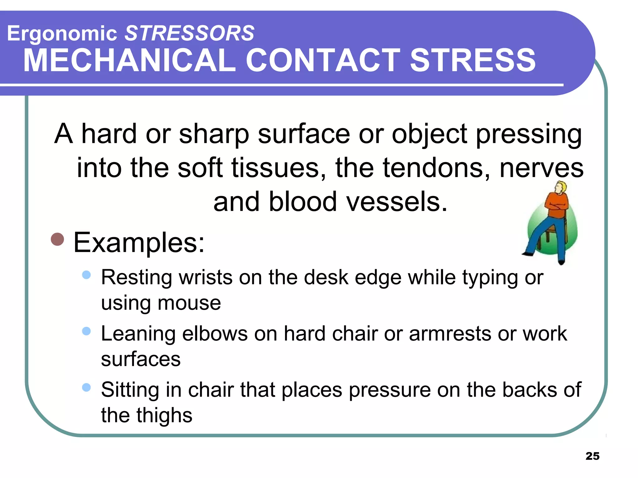 Ergonomic STRESSORS

MECHANICAL CONTACT STRESS
A hard or sharp surface or object pressing
into the soft tissues, the tendons, nerves
and blood vessels.
 Examples:
Resting wrists on the desk edge while typing or
using mouse
 Leaning elbows on hard chair or armrests or work
surfaces
 Sitting in chair that places pressure on the backs of
the thighs


25

 