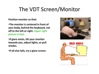 The VDT Screen/Monitor
Position monitor so that:
•The monitor is centered in front of
your body, behind the keyboard, not
off to the left or right. Upper right
picture is bad.
•If glare exists, tilt your monitor
towards you, adjust lights, or pull
shades.
•If all else fails, try a glare screen.
 