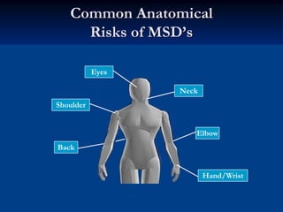 Common Anatomical
     Risks of MSD’s

           Eyes

                  Neck
Shoulder


                     Elbow
Back
...