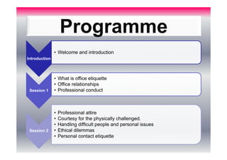 Programme
• Welcome and introduction
Introduction
Session 1
Session 2
• What is office etiquette
• Office relationships
• Professional conduct
•
•
•
•
•
Professional attire
Courtesy for the physically challenged.
Handling difficult people and personal issues
Ethical dilemmas
Personal contact etiquette