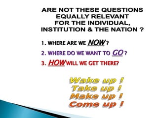 1. WHERE ARE WE NOW ?
2. WHERE DO WE WANT TO GO ?
3. HOW WILL WE GET THERE?
 