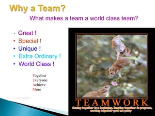 • Great !
What makes a team a world class team?
• Special !
• Unique !
• Extra Ordinary !
• World Class !
Together
Everyone
Achieve
More
• Video BIRD
 