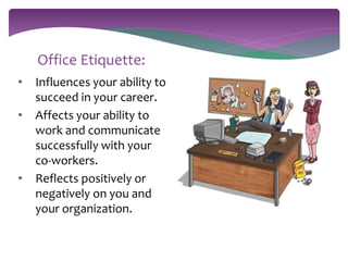 Office Etiquette: 
• Influences your ability to 
succeed in your career. 
• Affects your ability to 
work and communicate 
successfully with your 
co-workers. 
• Reflects positively or 
negatively on you and 
your organization. 
 