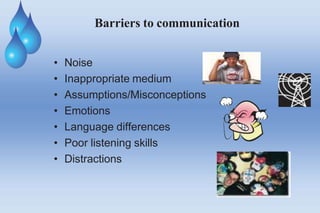 Barriers to communication
• Noise
• Inappropriate medium
• Assumptions/Misconceptions
• Emotions
• Language differences
• Poor listening skills
• Distractions
 