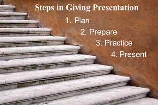 1. Plan
2. Prepare
3. Practice
4. Present
Steps in Giving Presentation
 