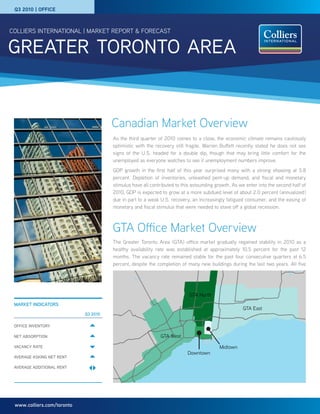 greater toronto area
COLLIERS INTERNATIONAL | MARKET REPORT & FORECAST
www.colliers.com/toronto
Canadian Market Overview
MARKET INDICATORS
Q3 2010
OFFICE INVENTORY ~
NET ABSORPTION ~
VACANCY RATE 
AVERAGE ASKING NET RENT ~
AVERAGE ADDITIONAL RENT |}
As the third quarter of 2010 comes to a close, the economic climate remains cautiously
optimistic with the recovery still fragile. Warren Buffett recently stated he does not see
signs of the U.S. headed for a double dip, though that may bring little comfort for the
unemployed as everyone watches to see if unemployment numbers improve.
GDP growth in the first half of this year surprised many with a strong showing at 5.8
percent. Depletion of inventories, unleashed pent-up demand, and fiscal and monetary
stimulus have all contributed to this astounding growth. As we enter into the second half of
2010, GDP is expected to grow at a more subdued level of about 2.0 percent (annualized)
due in part to a weak U.S. recovery, an increasingly fatigued consumer, and the easing of
monetary and fiscal stimulus that were needed to stave off a global recession.
GTA Office Market Overview
The Greater Toronto Area (GTA) office market gradually regained stability in 2010 as a
healthy availability rate was established at approximately 10.5 percent for the past 12
months. The vacancy rate remained stable for the past four consecutive quarters at 6.5
percent, despite the completion of many new buildings during the last two years. All five
Q3 2010 | OFFICE
Midtown
Downtown
GTA East
GTA West
GTA North
 