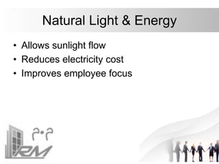 Natural Light & Energy
• Allows sunlight flow
• Reduces electricity cost
• Improves employee focus
 