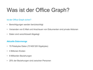 Ist der Office Graph sicher?
• Berechtigungen werden berücksichtigt
• Versenden von E-Mail und Anschauen von Dokumenten sind private Aktionen
• Daten sind verschlüsselt Abgelegt
Aktuelle Datenmenge
• 70 Petabytes Daten (73’400’320 Gigabytes)
• 4 Billionen Knoten
• 8 Milliarden Beziehungen
• 25% der Beziehungen sind zwischen Personen
Was ist der Office Graph?
 
