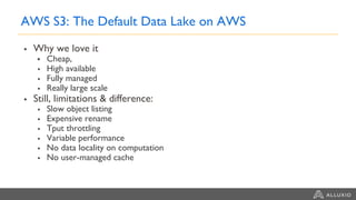 AWS S3: The Default Data Lake on AWS
▪ Why we love it
▪ Cheap,
▪ High available
▪ Fully managed
▪ Really large scale
▪ Still, limitations & difference:
▪ Slow object listing
▪ Expensive rename
▪ Tput throttling
▪ Variable performance
▪ No data locality on computation
▪ No user-managed cache
 