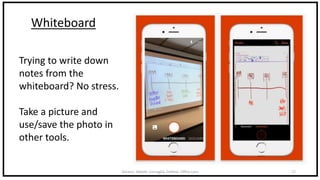 DeLeon, Abbott, Cornaglia, DeRose: Office Lens 17
Whiteboard
Trying to write down
notes from the
whiteboard? No stress.
Take a picture and
use/save the photo in
other tools.
 