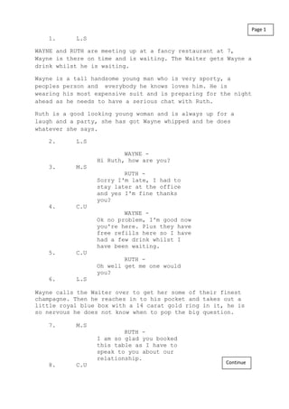 1. L.S
WAYNE and RUTH are meeting up at a fancy restaurant at 7,
Wayne is there on time and is waiting. The Waiter gets Wayne a
drink whilst he is waiting.
Wayne is a tall handsome young man who is very sporty, a
peoples person and everybody he knows loves him. He is
wearing his most expensive suit and is preparing for the night
ahead as he needs to have a serious chat with Ruth.
Ruth is a good looking young woman and is always up for a
laugh and a party, she has got Wayne whipped and he does
whatever she says.
2. L.S
WAYNE -
Hi Ruth, how are you?
3. M.S
RUTH -
Sorry I'm late, I had to
stay later at the office
and yes I'm fine thanks
you?
4. C.U
WAYNE -
Ok no problem, I'm good now
you're here. Plus they have
free refills here so I have
had a few drink whilst I
have been waiting.
5. C.U
RUTH -
Oh well get me one would
you?
6. L.S
Wayne calls the Waiter over to get her some of their finest
champagne. Then he reaches in to his pocket and takes out a
little royal blue box with a 14 carat gold ring in it, he is
so nervous he does not know when to pop the big question.
7. M.S
RUTH -
I am so glad you booked
this table as I have to
speak to you about our
relationship.
8. C.U
Page 1
Continue
 