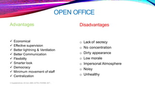 OPEN OFFICE
Advantages
 Economical
 Effective supervision
 Better lightning & Ventilation
 Better Communication
 Flexibility
 Smarter look
 Democracy
 Minimum movement of staff
 Centralization
Disadvantages
o Lack of secrecy
o No concentration
o Dirty appearance
o Low morale
o Impersonal Atmosphere
o Noisy
o Unhealthy
V.Gopalakrishnan.,M.Com.,MBA.,M.Phil.,PGDMM.,SET.,
 