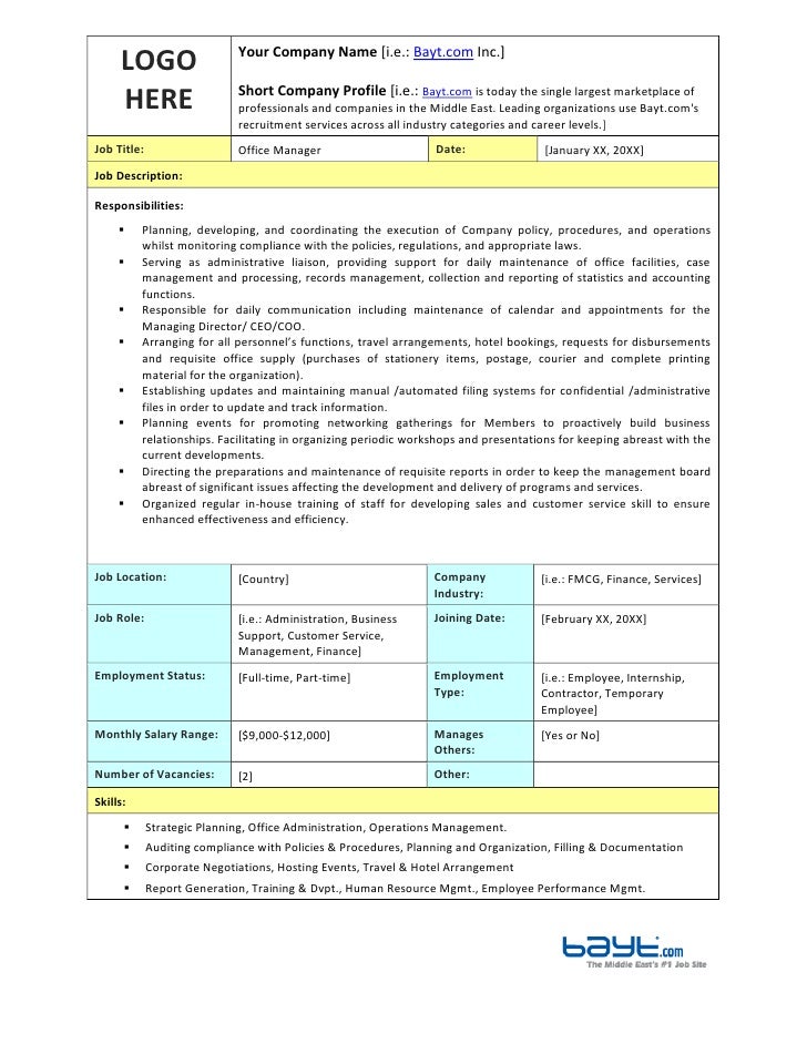 Office Manager Job Description Template by Bayt.com